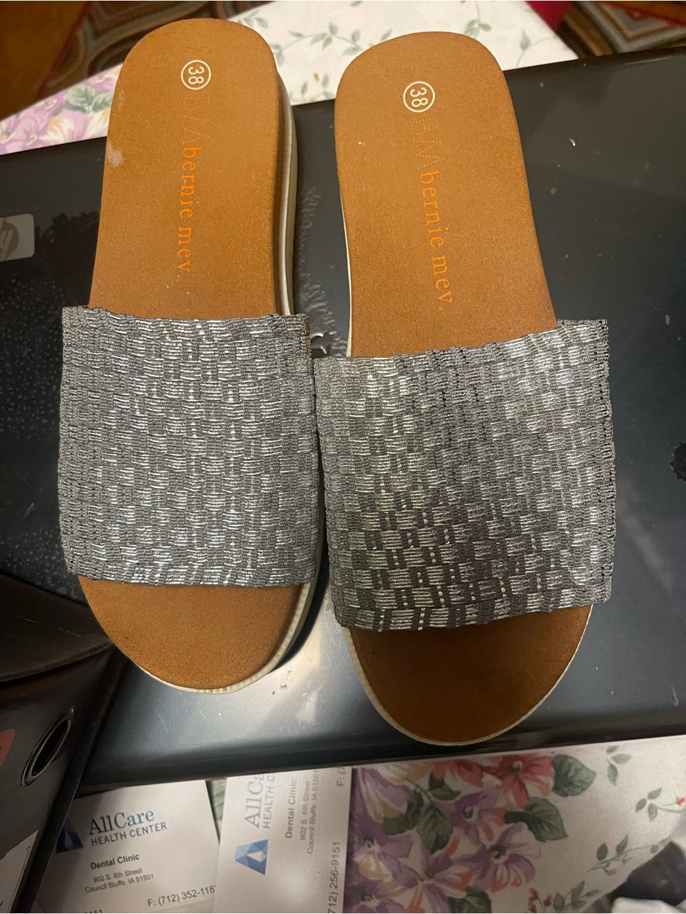 bernie mev. Metallic Silver Woven Slide Sandals